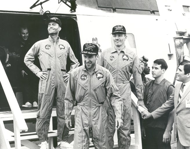 The Apollo 13 crew arrives safely on the U.S.S. Iwo Jima. 