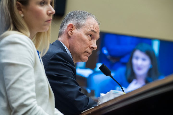 Scott Pruitt listens to a question by Rep. Diana DeGette, D-Colo., right, during his testimony before a House Energy and Commerce Environment Subcommittee hearing in Rayburn Building.