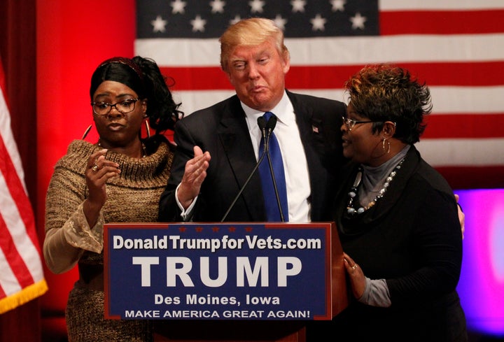 The YouTube stars known as "Diamond and Silk" appear with Donald Trump during his presidential campaign.