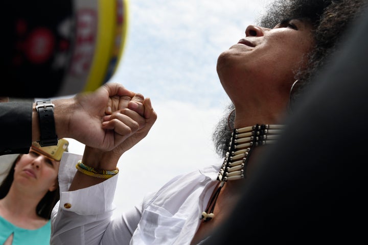 Lili Bernard, who accused Bill Cosby of sexual assault, waits for the verdict outside Montgomery Counting Courthouse in Norristown, Pennsylvania, on Thursday. (Photo by Bastiaan Slabbers/NurPhoto via Getty Images)