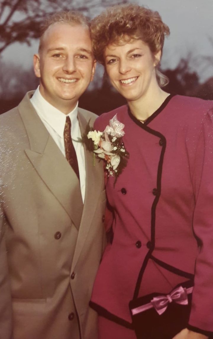 Aimee Meade's mother Janice on her wedding day with her father in 1989.