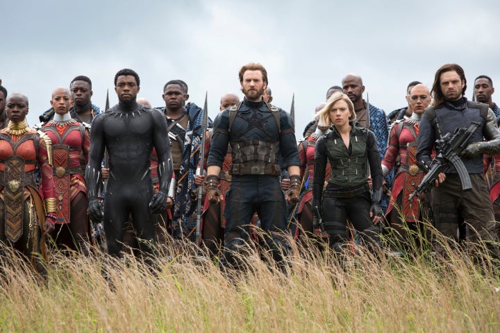 Danai Gurira, Chadwick Boseman, Chris Evans, Scarlet Johansson and Sebastian Stan in "Avengers: Infinity War."