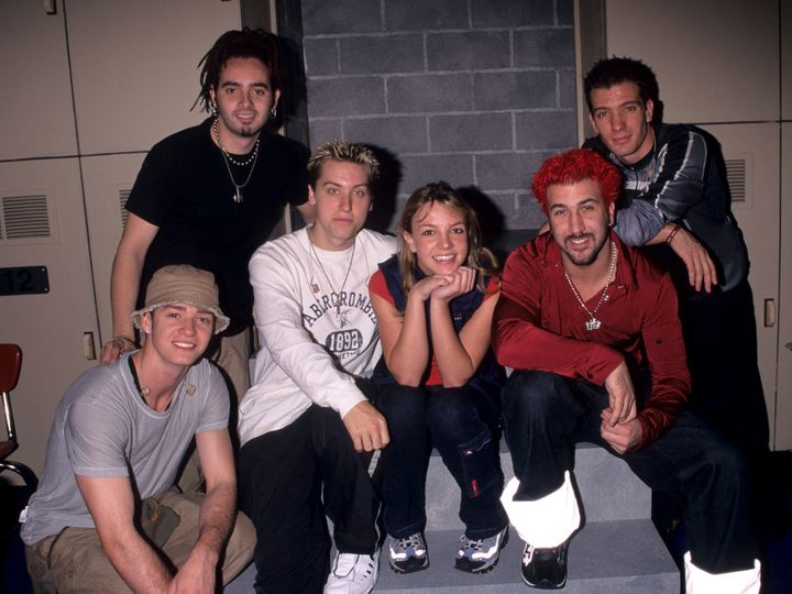 Britney poses with the guys of *NSYNC at the 1999 MTV Video Music Awards rehearsals.