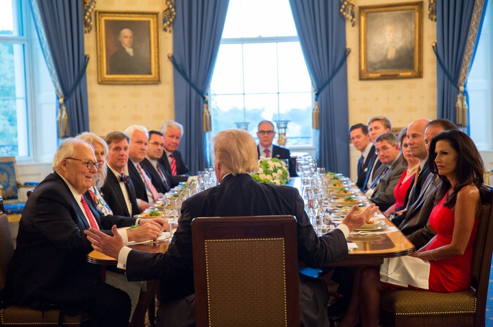 President Donald Trump hosts a dinner on Sept. 25, 2017, in the Blue Room at the White House with religious grassroots leaders, including Penny Nance, CEO of Concerned Women for America; Ralph Reed, chairman of the Faith & Freedom Coalition; and Tim Goeglein, vice president of external relations, Focus on the Family. EPA Administrator Scott Pruitt, visible at the end of the table, was not listed in the White House's caption.