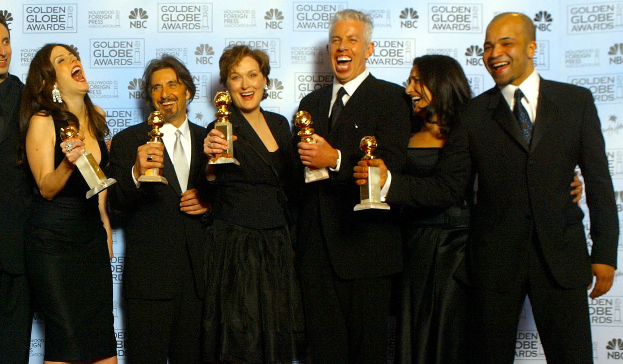 The cast of "Angels in America" (from left, Mary Louise Parker, Al Pacino, Meryl Streep, Executive Producer Cary Brokaw and Jeffrey Wright) at the 61st Annual Golden Globe Awards in 2004.