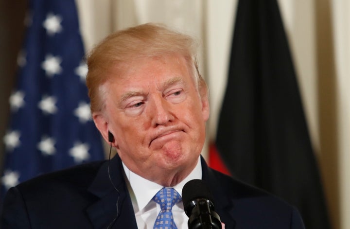 President Donald Trump at a joint news conference with Germany's Chancellor Angela Merkel in the East Room of the White House on Friday.