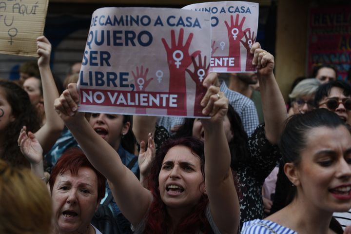 Droves of protesters in Madrid called for justice after a court in Pamplona, Spain, convicted men labeled the "wolf pack" of sexual abuse instead of rape after they allegedly gang-raped a woman during the annual bull-running festival.