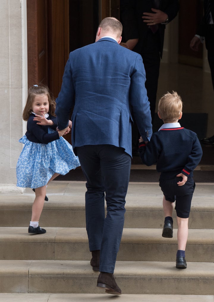 Prince William, Duke of Cambridge arrives with Prince George and Princess Charlotte at the Lindo Wing after Catherine, Duchess of Cambridge gave birth to their son at St Mary's Hospital on 23 April 2018 in London, England.