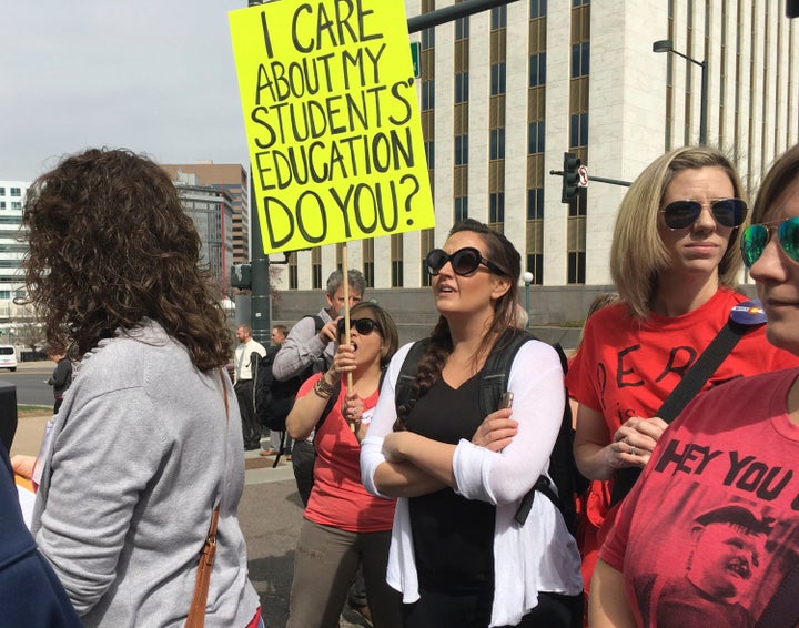 Colorado teachers rally outside the state capitol on April 16 to demand more funding for schools.