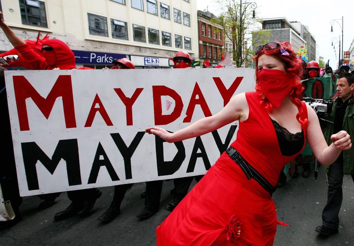 Anti-war demonstrators make their way through Brighton, East Sussex, during a past May Day protest