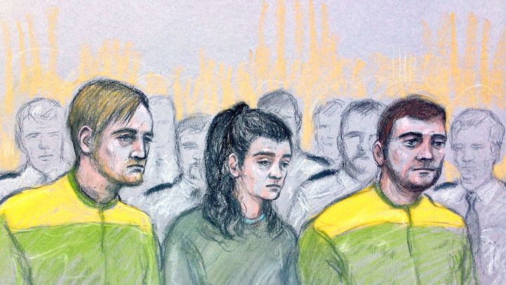 Zak Bolland, left, Courtney Brierley and David Worrall are on trial in Manchester Crown Court for the murder of four children; the defendants are seen above in a court sketch