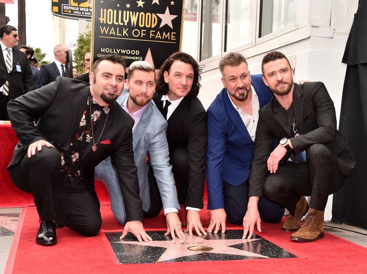Bass (second from left) with bandmates Chris Kirkpatrick, JC Chasez, Joey Fatone and Justin Timberlake at Monday's Hollywood Walk of Fame ceremony. 