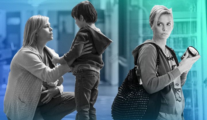 Left: Charlize Theron and Asher Miles Fallica in "Tully"; right: Charlize Theron in "Young Adult."