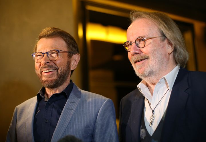 Björn (left) and Benny at the press night for their musical, 'Chess'