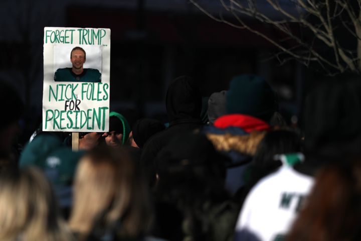 A sign held up during the Eagles' Super Bowl victory parade on Feb. 8 in Philadelphia.