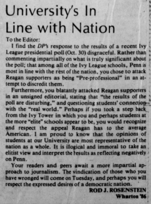 Rod Rosenstein's letter to The&nbsp;Daily Pennsylvanian just prior to the presidential election of 1984, which Ronald Reagan 