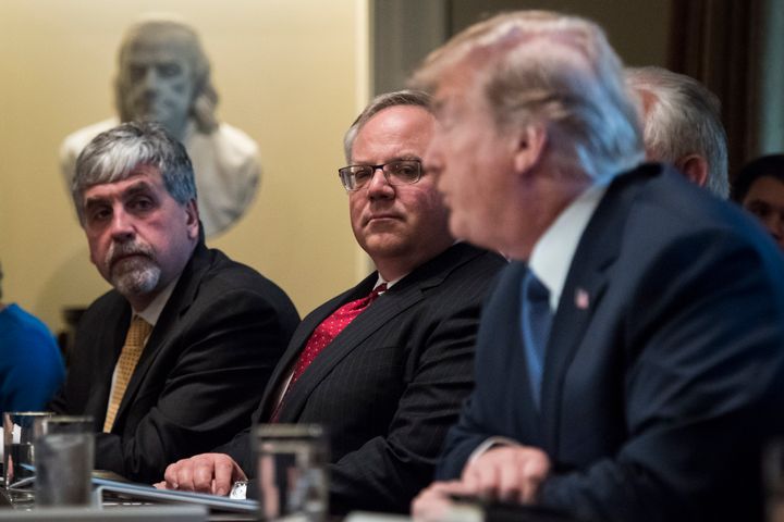 Deputy Interior Secretary David Bernhardt, center, listens as President Donald Trump speaks at a White House Cabinet meeting on Nov. 1, 2017.