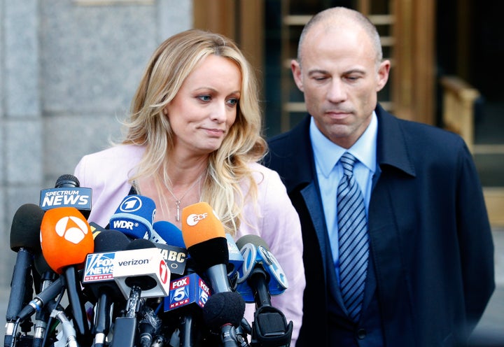 Adult film actress Stephanie Clifford, also known as Stormy Daniels, with her lawyer Michael Avenatti&nbsp;in New York City o