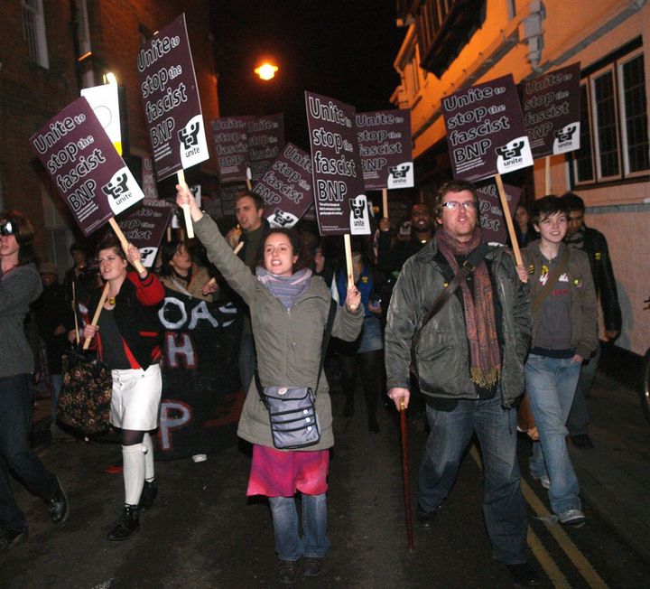 Protesters arrive at the Oxford Union where they opposed the presence of BNP leader Nick Griffin (archive photo).