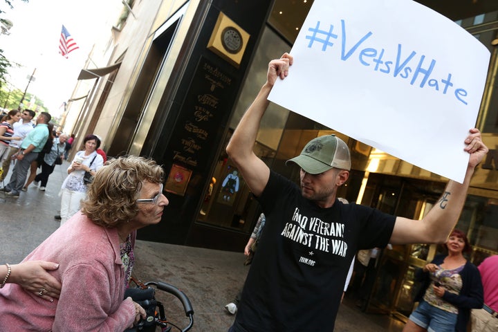 A veteran protesting outside Trump Tower in New York City in 2016.