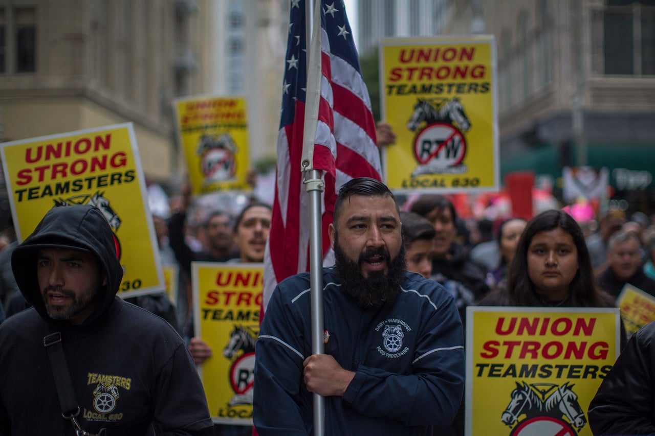 Teamsters march on May 1, 2018 in Los Angeles. Numerous May Day, or International Workers Day, marches took place in cities around the United States.