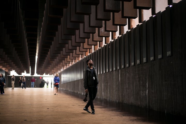 Visitors at the National Memorial for Peace and Justice in Montgomery, Alabama, April 26.