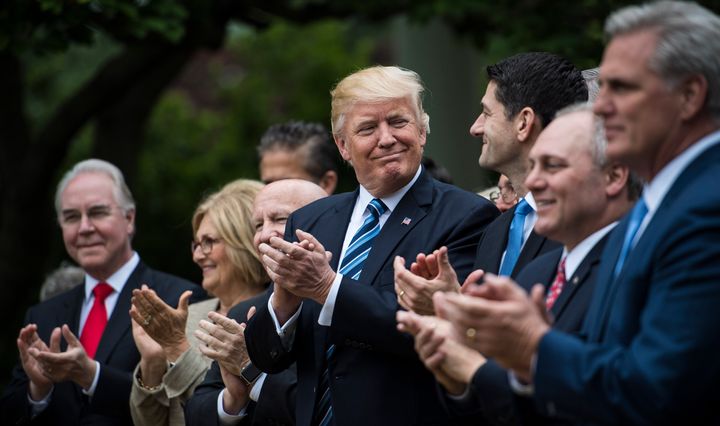 President Donald Trump and House lawmakers celebrated in the Rose Garden on May 4, 2017, when they passed Obamacare repeal legislation in the House.