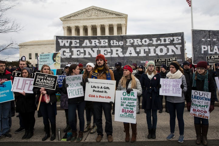 Anti-abortion demonstrators protest in front of the U.S. Supreme Court during the 44th annual March for Life on Jan. 27, 2017