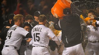 CHICAGO, IL - MAY 03: Chicago White Sox's Trayce Thompson (32) receives an ice bath after hitting a walk of home run against the Minnesota Twins on May 3, 2018 at Guaranteed Rate Field in Chicago, Illinois.  (Photo by Quinn Harris/Icon Sportswire via Getty Images)
