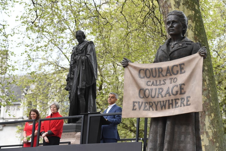 (Left to right) Caroline, Prime Minister Theresa May and Mayor of London Sadiq Khan at the unveiling of the Millicent Fawcett statue.