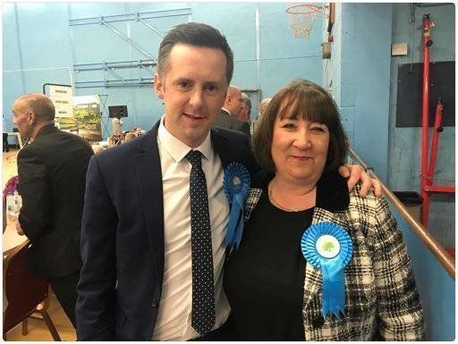 Pendle Council's Tory leader Paul White with reinstated councillor Rosemary Carroll