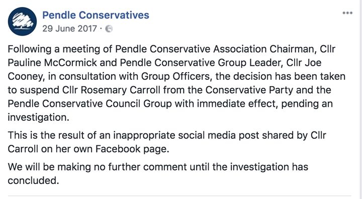 Carroll was suspended from the Conservative Party last June