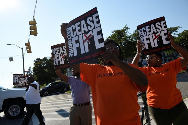 Demonstrators at the Stop the Violence rally in Baltimore in August 2017. Maryland’s newly adopted Public Safety and Violence Prevention Act of 2018 sets aside $5 million in the coming year to fund violence prevention and intervention programs.