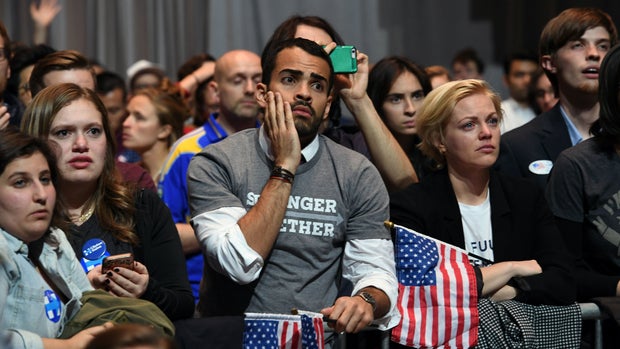 NEW YORK, NY - NOVEMBER 9:  Peple react to results at an election night event at the Javits Center November 8, 2016 in New York City, New York. (Photo by Toni L. Sandys/The Washington Post via Getty Images)