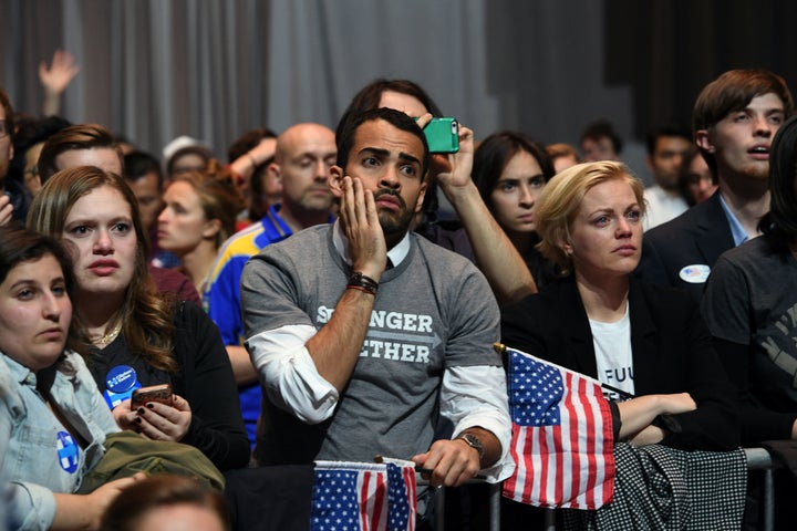 People react to results at an election night event on Nov. 8, 2016, in New York City.