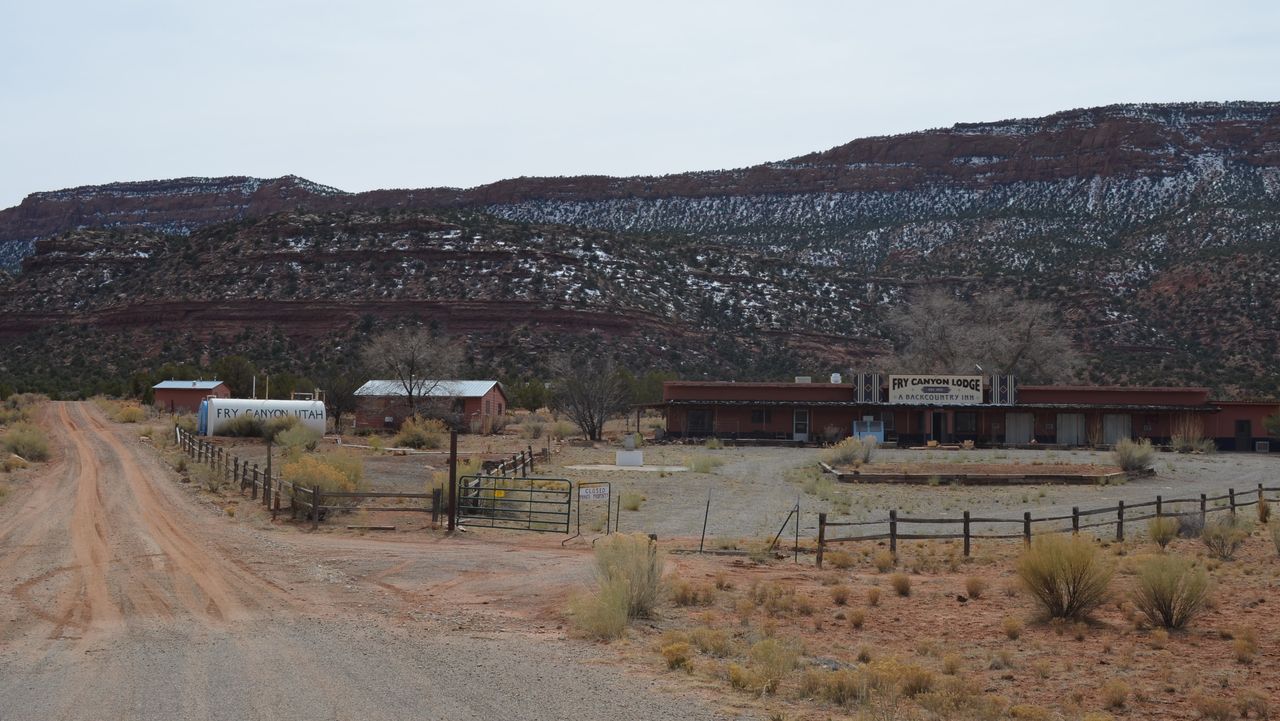 The closed Fry Canyon Lodge, located roughly 54 miles west of Blanding. Now a ghost town, Fry Canyon was established in the 1950s during the uranium boom. 