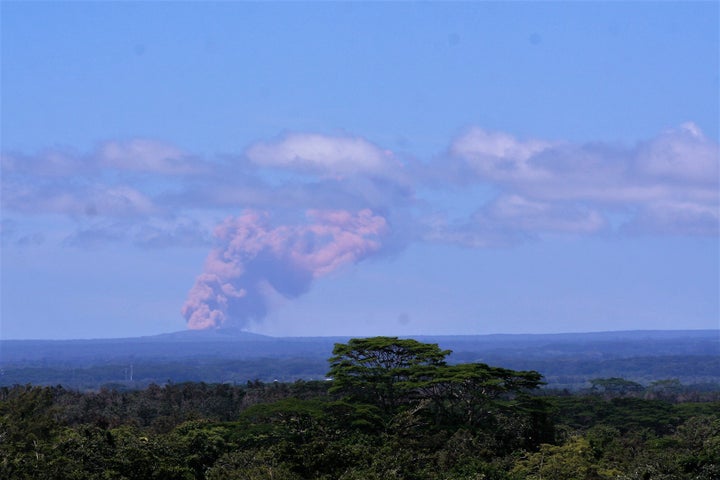 Kilauea's Pu'u 'O'o vent, seen from Hilo, began emitting plumes of smoke and gas after the crater floor collapsed earlier this week.