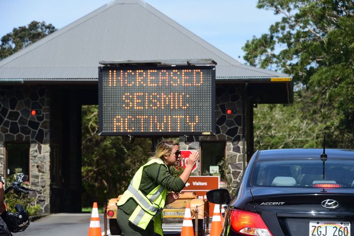 Park personnel at Hawaii Volcanoes National Park turn people away on Saturday after the park closed a day earlier due to dangerous volcanic activity.