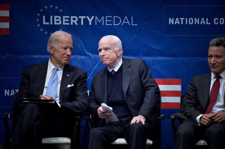 Sen. McCain is seen in October before being awarded the 2017 Liberty Medal by former Vice President Joe Biden in Philadelphia. Biden was one of McCain's recent visitors in Arizona.