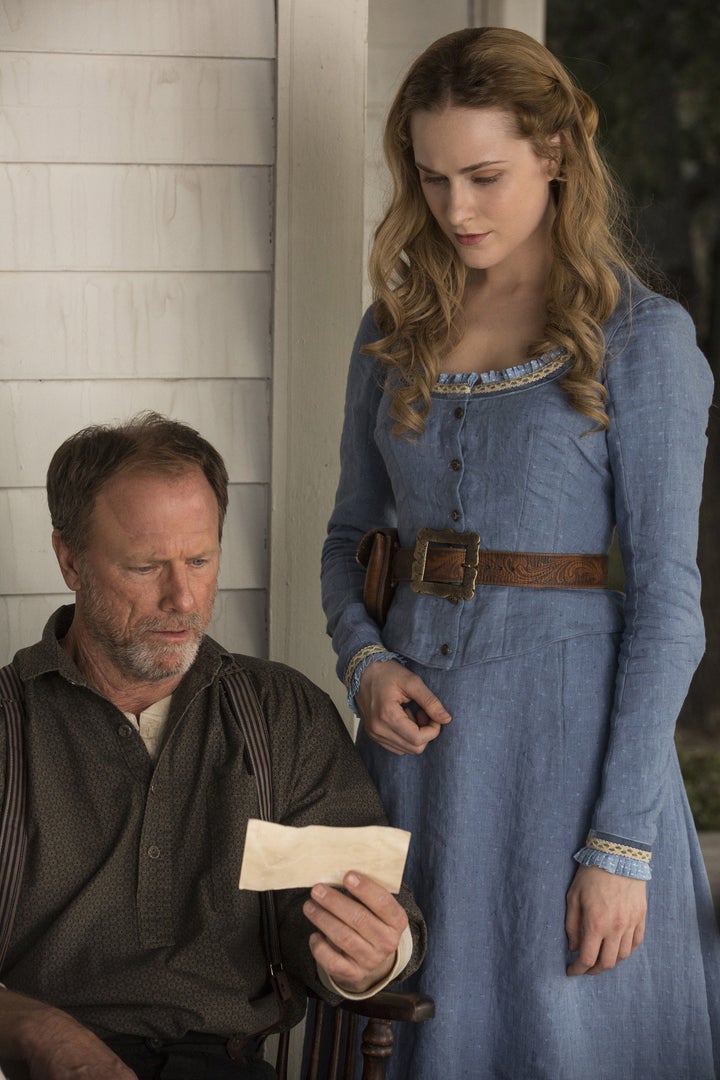 Louis Herthum as Peter Abernathy and Evan Rachel Wood as Dolores Abernathy in "Westworld."