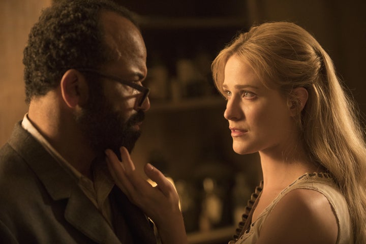 Jeffrey Wright as Bernard and Evan Rachel Wood as Dolores.