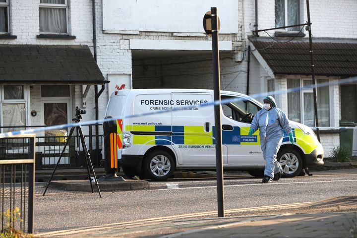 Police at Palmerston Road, Wealdstone, in north-west London, following two shootings at two locations in close proximity, after two boys, aged 12 and 15, were shot.