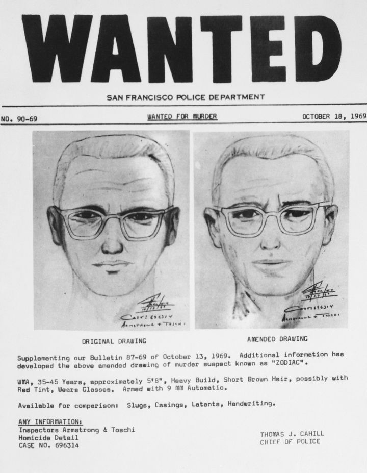 San Francisco police had circulated this composite of the Zodiac Killer. At left is a drawing from witnesses in the slaying of a cabdriver. The amended drawing on the right was based on further questioning of witnesses.