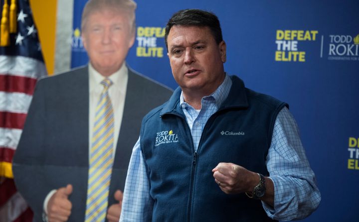 Rep. Todd Rokita, R-Ind., has been campaigning with a cardboard cutout of President Donald Trump.