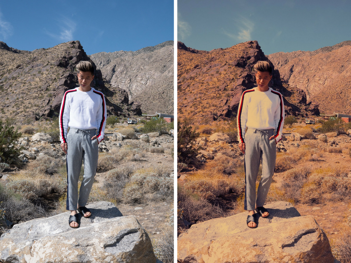On the left is Lei's unedited photo, and on the right is his photo edited with a harsher, orange-hued filter.