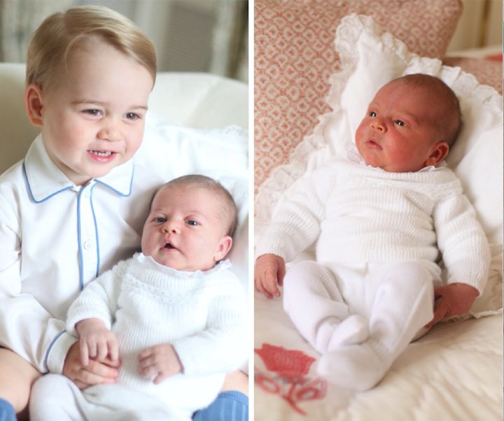 Prince George and Princess Charlotte in May 2015 (left) and Prince Louis in May 2018.