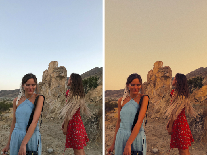 On the right is the sisters' unedited photo, and on the left is the same image filtered with the L11 filter in VSCO.