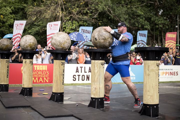 Hafþór Júlíus Björnsson lifts a concrete sphere during the Atlas Stones competition of the 2018 World's Strongest Man competition on Sunday.