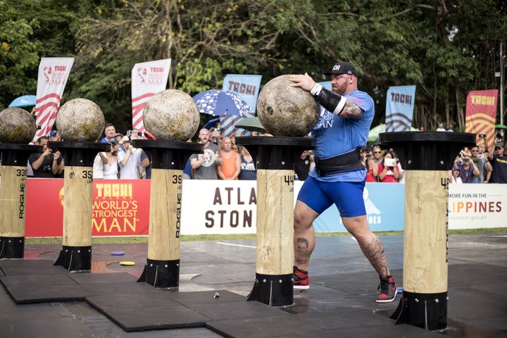 Hafþór Júlíus Björnsson lifts a concrete sphere during the Atlas Stones competition of the 2018 World's Strongest Man competition on Sunday.