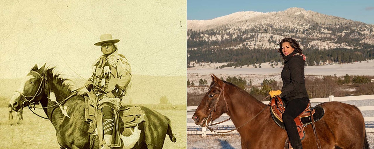 On the right, Jordan. On the left, in 1895, her great-grandfather Chief Moses, head chief of the Columbia band of Native Americans in Washington state. Trippy, right?